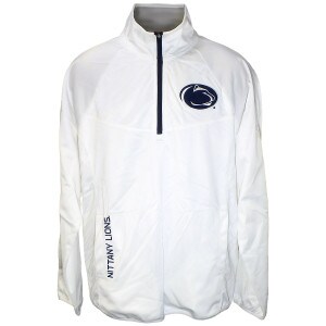 white half zip pullover with stitched Penn State Athletic Logo on left chest and stitched Nittany Lions up right pocket